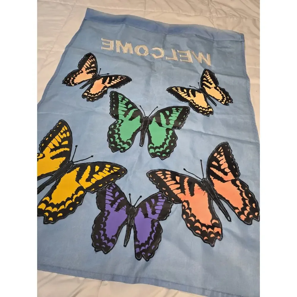 Cottage Garden Butterfly Blue Monarch Vtg XL Greeting Banner Welcome Spring...